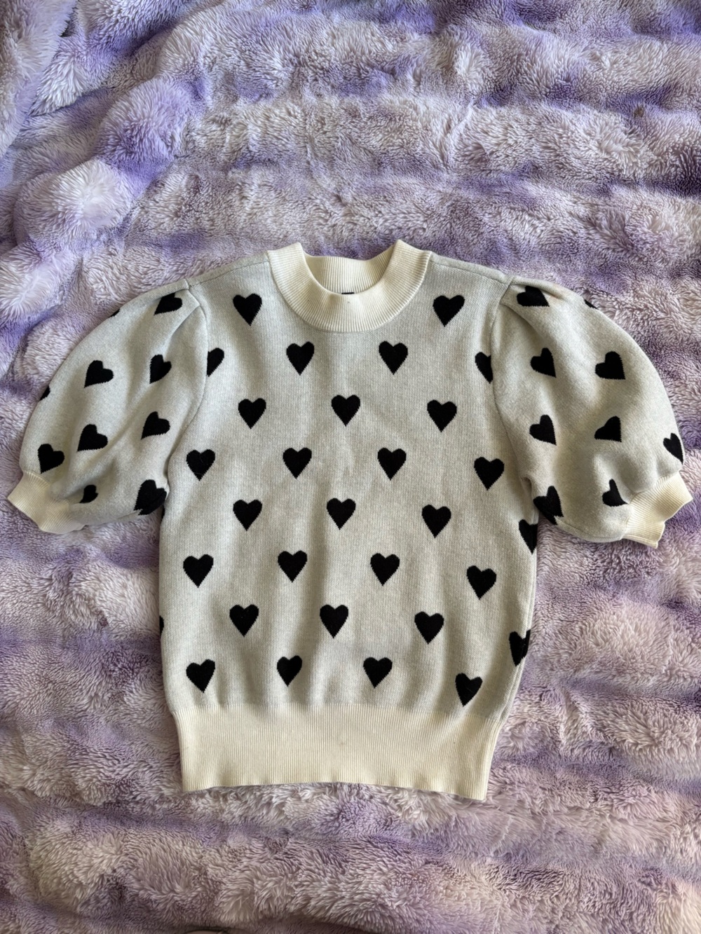 DownEast Cream Sweater with Black Heart Pattern